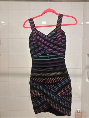Black Bandage Dress with Rainbow Chevron Stripe Detail